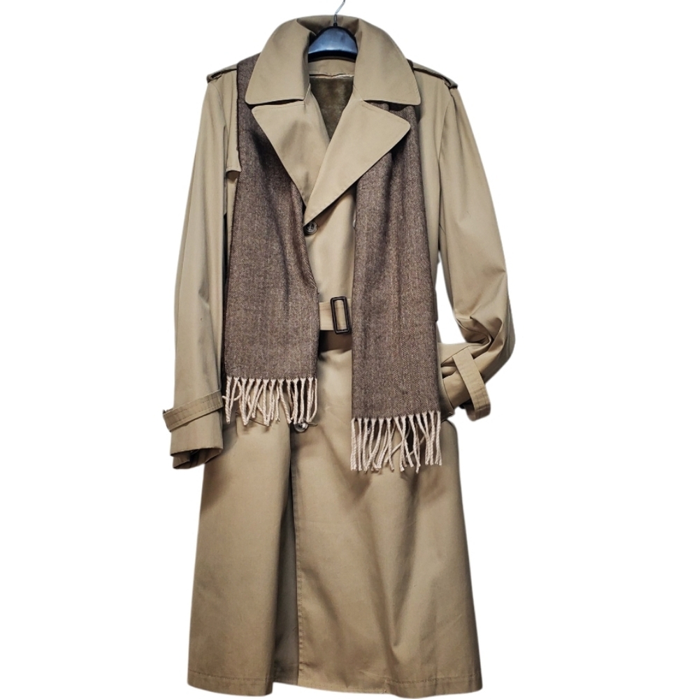 Clipper Mist Beige Trench Coat Double Lining Removable Faux Fur Size 42 Long